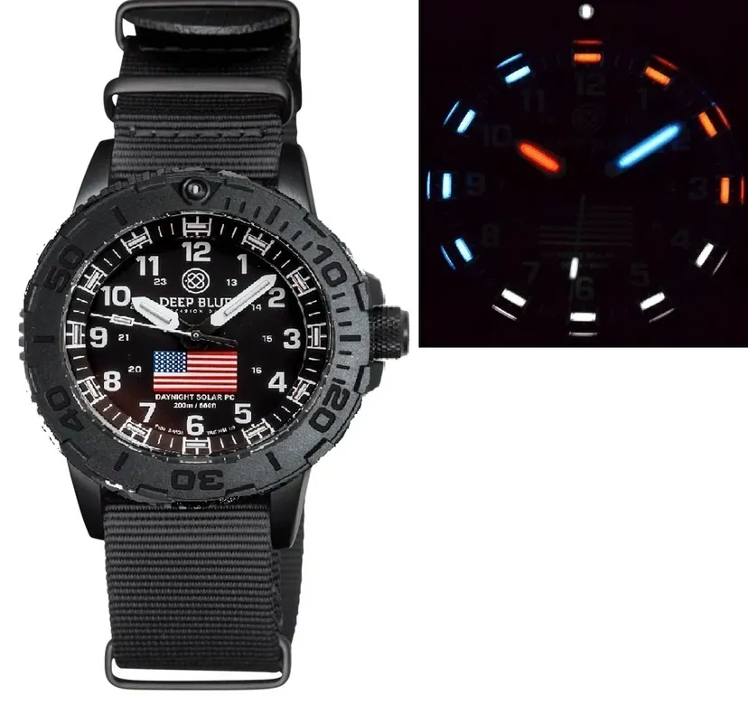 Daynight 43mm Diver Solar Powered PC USA Tritium Watch - Stealth Bezel White Numbers USA Flag 3 Color Tritium Tubes St
