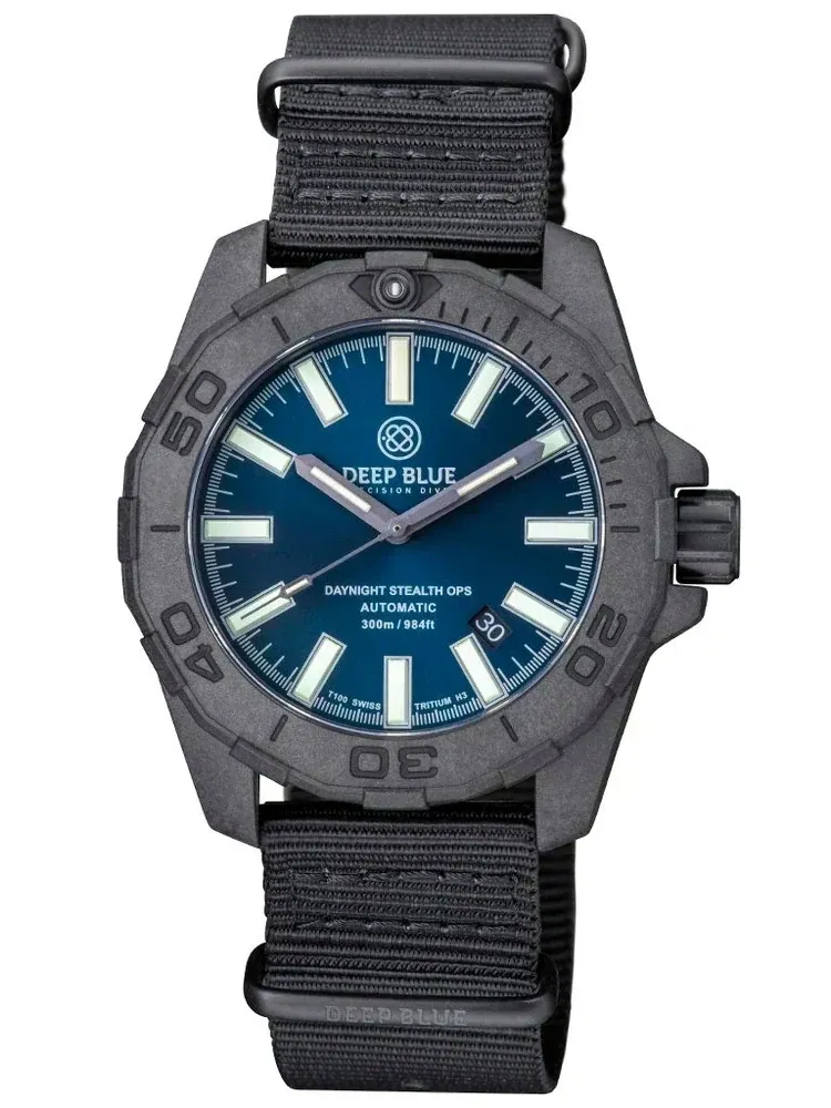 Daynight Stealth Ops Carbon Case Dark Blue Dial Blue /Yellow Flat Tritium Tubes Automatic Watch Screw Down Crown