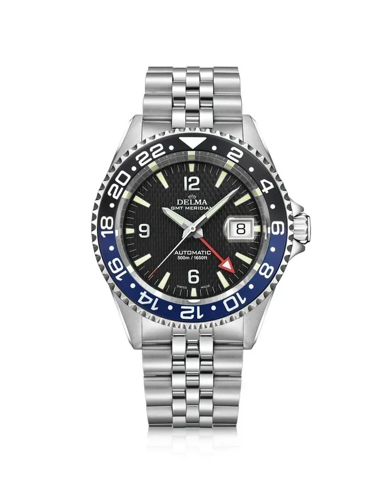 DELMA Santiago GMT Meridian Automatic Black Blue Bezel Black Dial