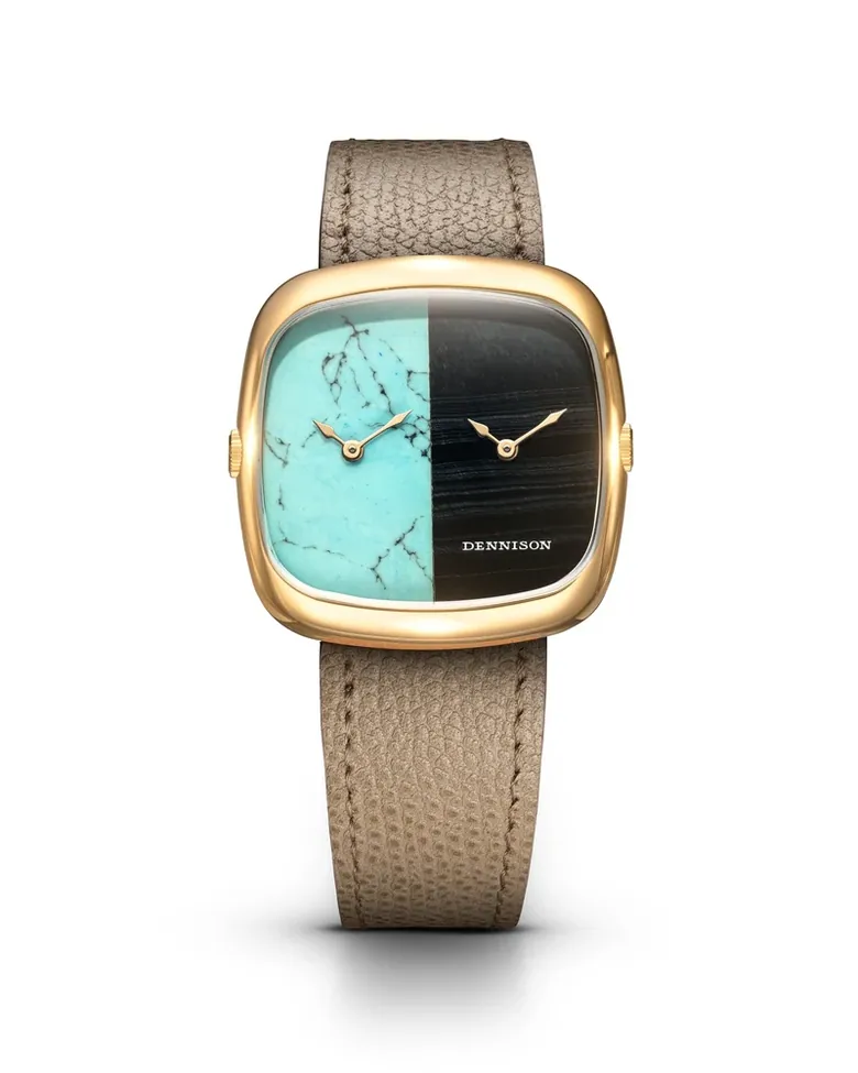 ALD Dual Time Turquoise & Falcon Eye Stone In Gold