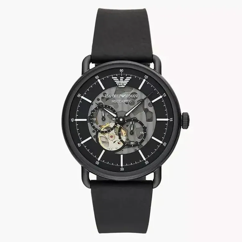 Emporio Armani Aviator Meccanico AR60028 Men's Automatic Black Skeleton Dial Leather Watch