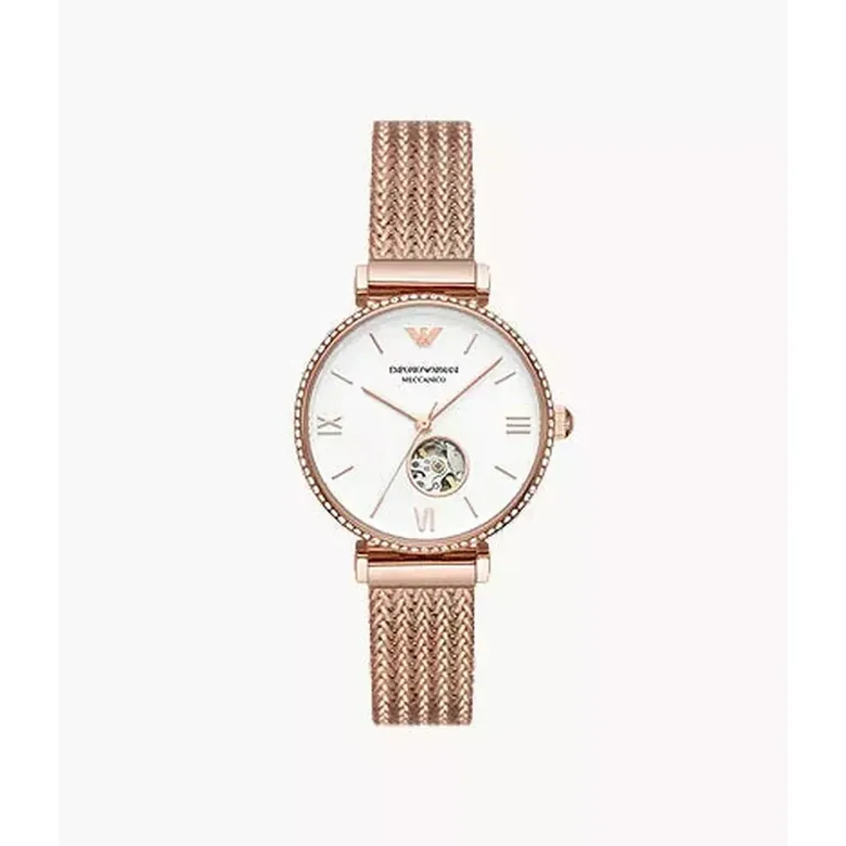 Emporio Armani AR60063 Meccanico Open-Heart Automatic Watch in Rose Gold 34mm