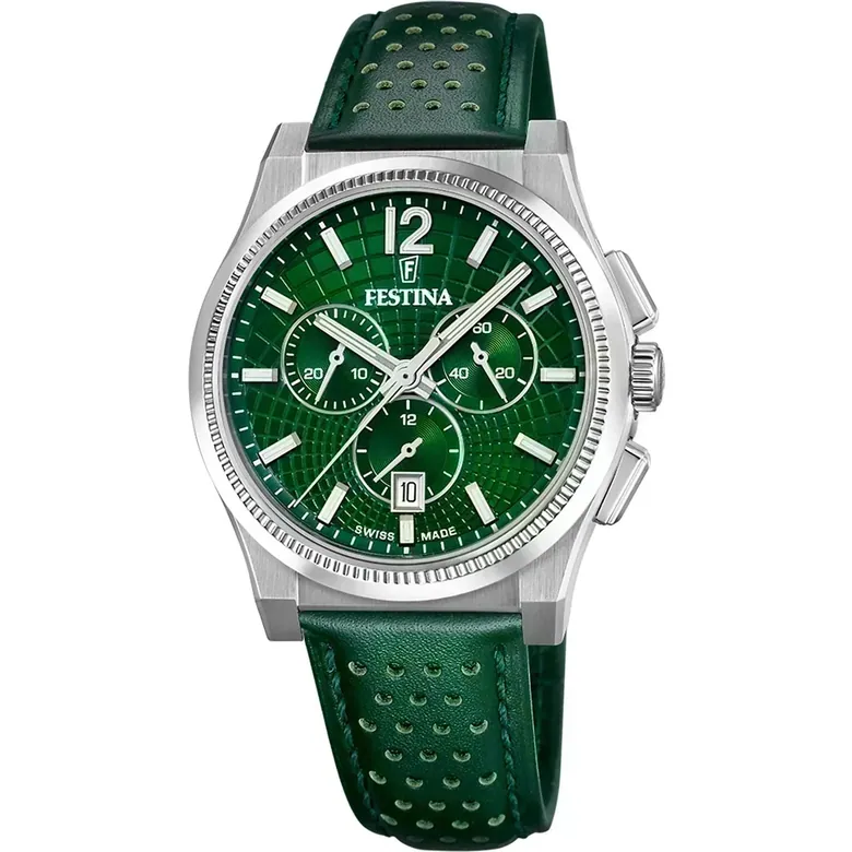 Festina Swiss Made Rive Leather Chronograph Mens Watch I Model F20060/3 Quartz Movement