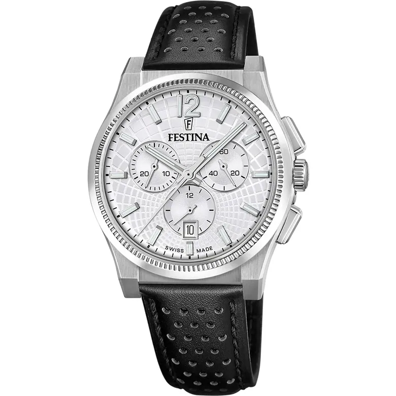 Festina Swiss Made Rive Leather Chronograph Mens Watch I Model F20060/1 Quartz Movement