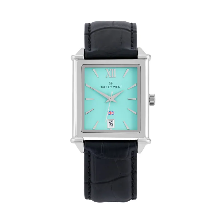Brit Skye | Aquamarine Face Men's Watch | Black Bamboo Leather Strap