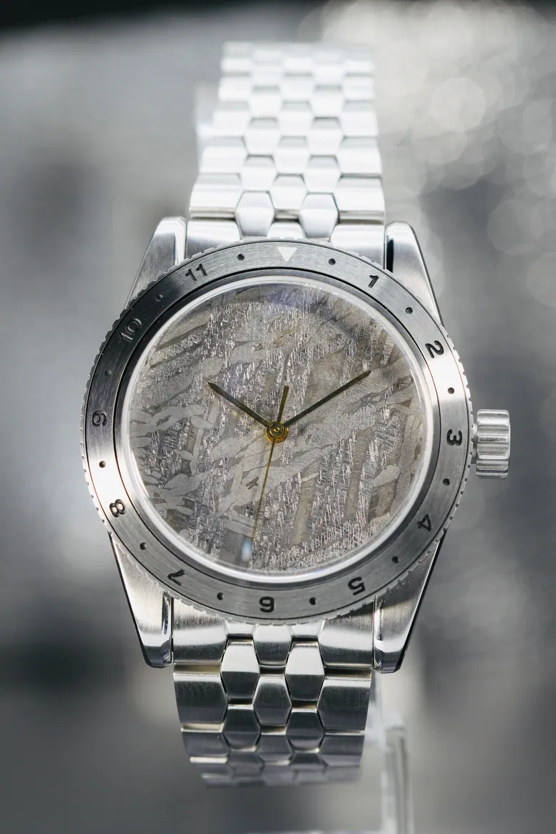 Terra Stone - Meteorite Dial Watch with Solid Gold Hands, Steel Case