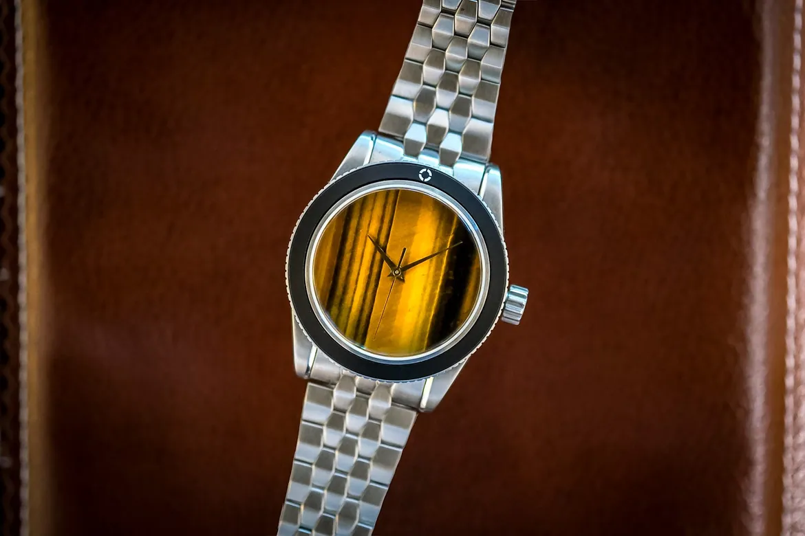 Tiger Eye Stone Dial Watch with Solid Gold Hands