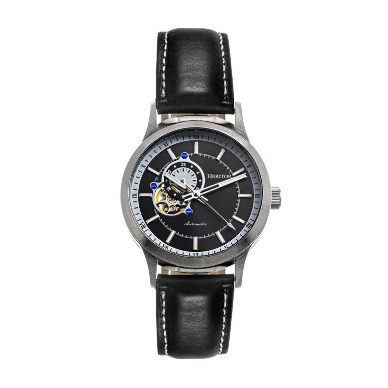 Heritor Automatic Oscar Semi-Skeleton Leather-Band Watch