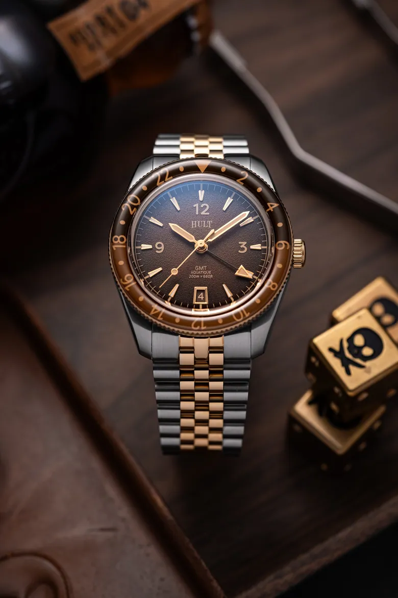 Aquatique GMT Terra Two Tone – Steel &amp; Gold-Plated GMT Watch | Hult Watch Company