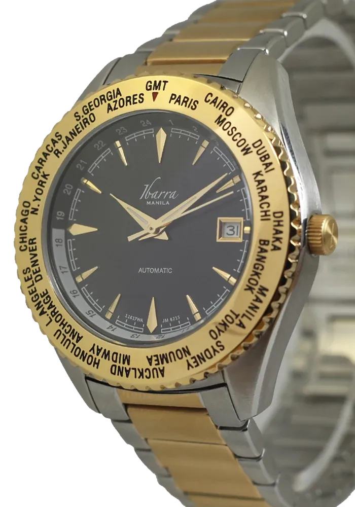 SALVADOR 40MM WORLD TIMER AUTOMATIC TWO-TONE DRESS WATCH (BLACK DIAL)