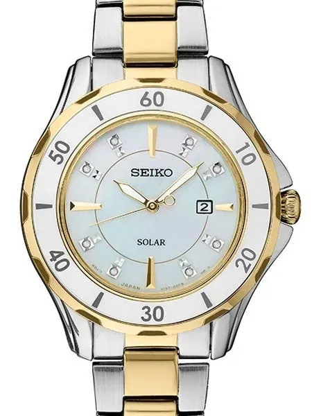 Seiko Two-Tone Women's Solar Dress Watch with MOP Dial, Goltone Hands and 8 Diamond Markers #SUT338