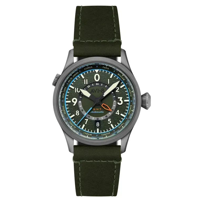 AVI-8 Flyboy Wingman Worldtimer GMT with Jungle Green Dial #AV-4120-05