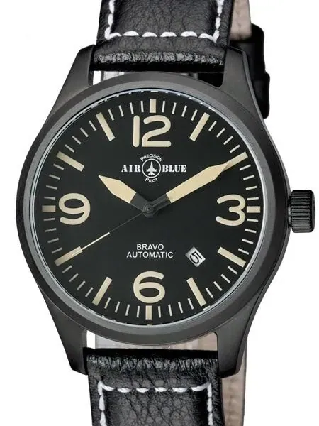 Air Blue Bravo Automatic Pilot Watch with 44mm PVD Case, Sapphire Crystal #BRAVOAUTOPVDBLKTAN