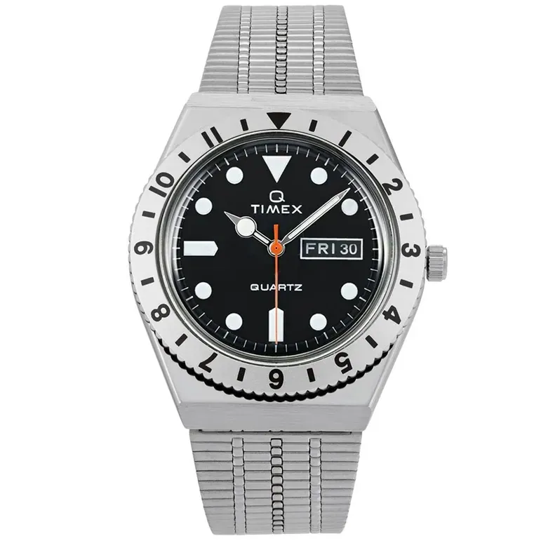 Q Timex Reissue of 1970's 38mm Black Dial, Stainless Steel Bracelet Watch #TW2V00100ZV