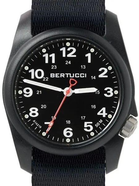 Bertucci A-1R Field Comfort watch with fiber reinforced polycarbonate Unibody case, Black Nylon Strap, Black Dial #10500