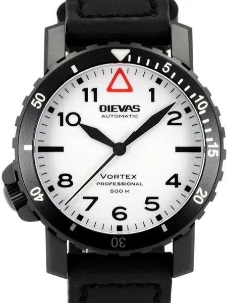 Dievas Vortex Professional Tactical Dive Watch with Black PVD Case, Offset Crown at 8:00 and White, Fully Luminous Dial