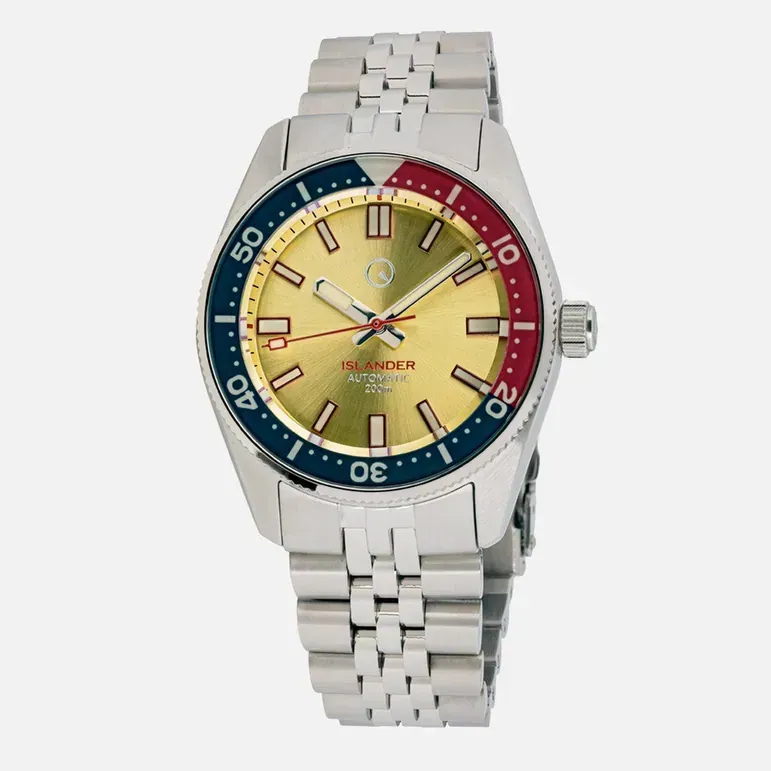 Islander 38mm Automatic Dive Watch with Sunburst Gold Dial and Maroon Accents #ISL-127