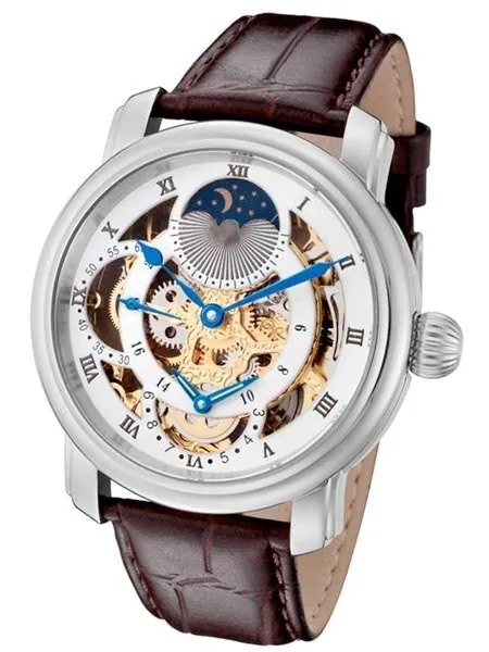 Rougois Dual Time Zone Skeleton Hand Winding Watch with Day/Night Dial RG305GS-BR