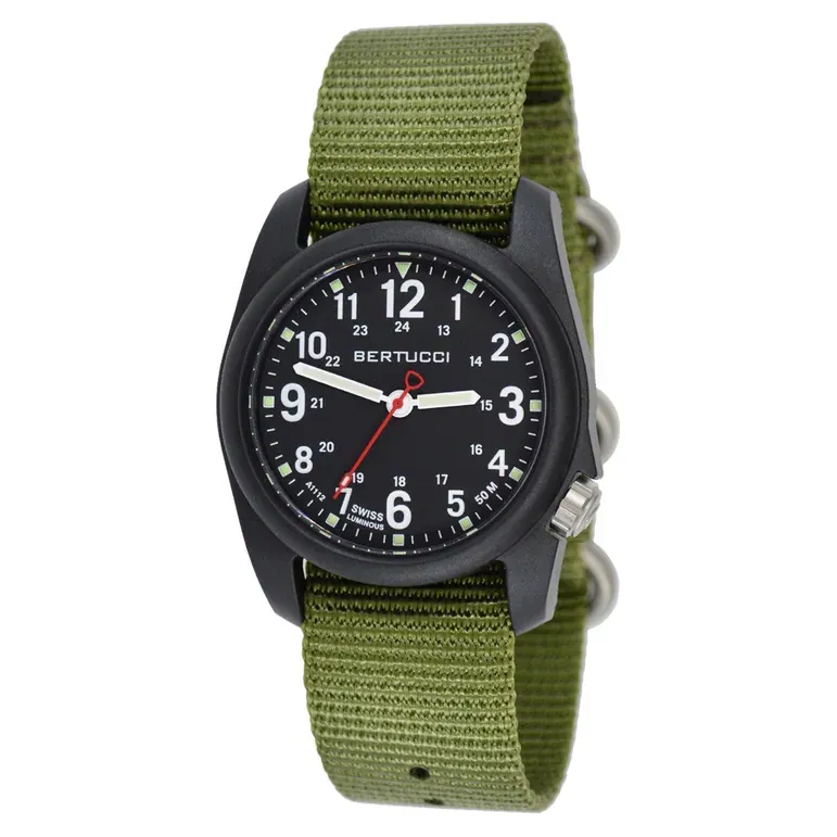 Bertucci DX3 Field Poly Resin Watch, Olive Green Nylon Strap, Black Dial - 11016