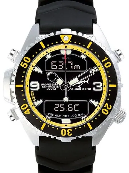 Chris Benz Professional Depthmeter Dive Watch with Chronograph and Alarm #CB-D200-YS-KBS