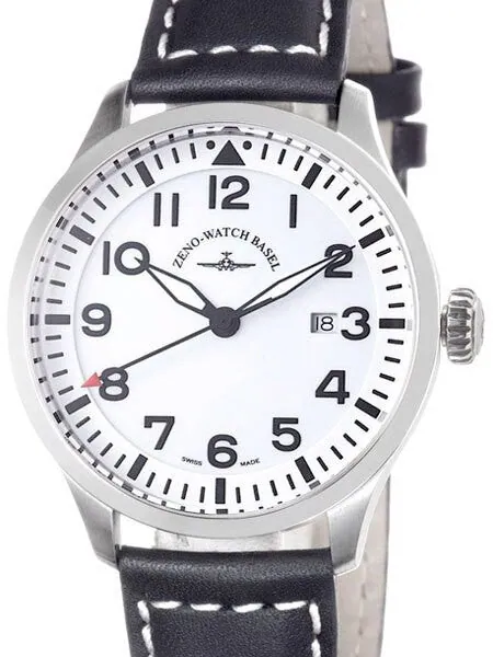 Zeno Mens Navigator Watch with White Dial, Black Leather Strap and Swiss Quartz Movement #6569-515Q-I2