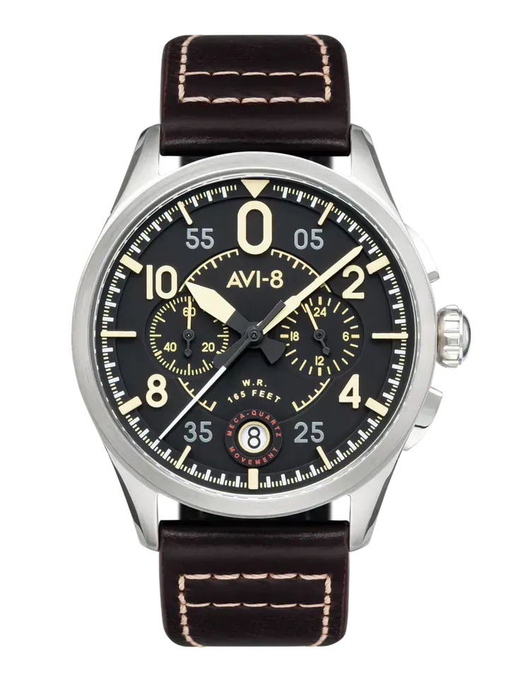 AVI-8 Spitfire Lock Chronograph, Midnight Oak, Japanese Meca-Quartz Chronograph, Black Dial, Leather Strap #AV-4089-01