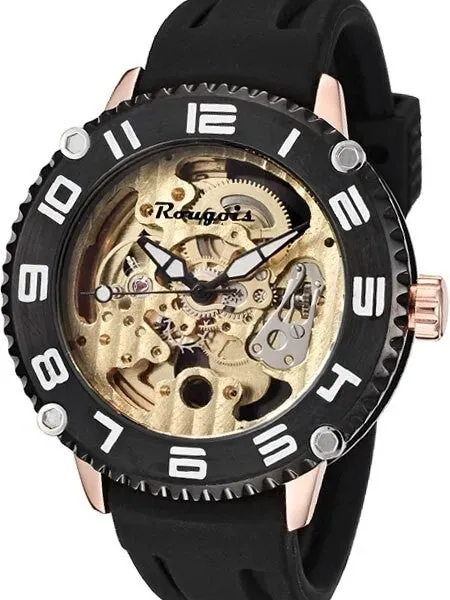 Rougois Goldtone Skeleton Automatic (self-winding) Watch with Black Bezel 3285M-RGB-2