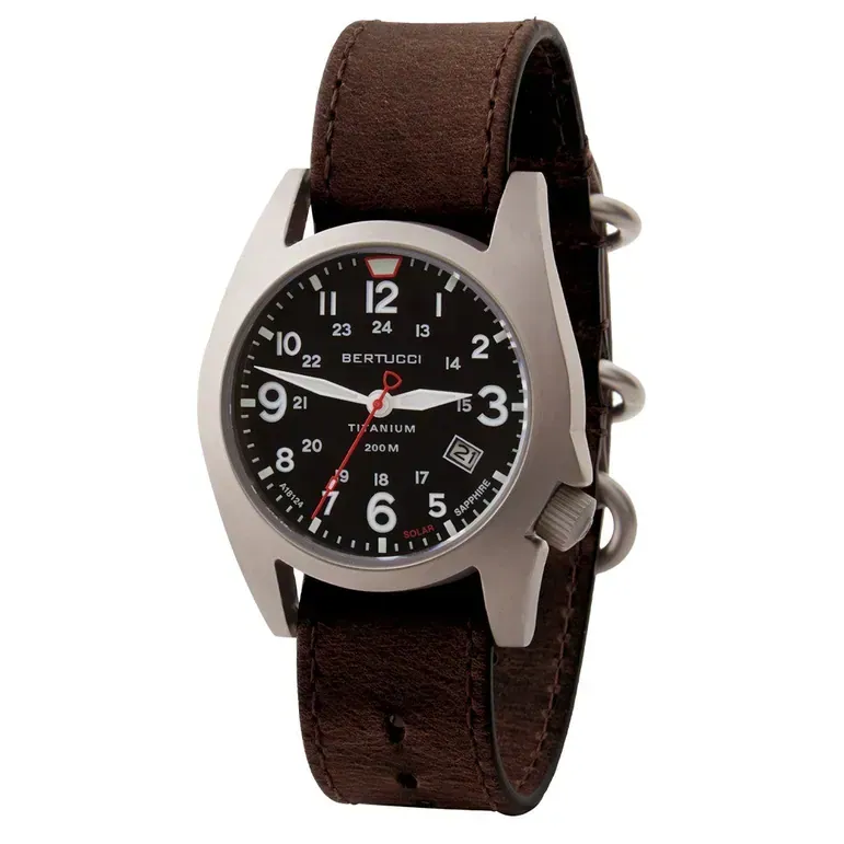 Bertucci A-7T Retrospec Solar Titanium Field Watch with Alpina Brown Leather Strap #12903