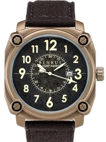BENRUS 43mm Stainless Steel, Military-Inspired Quartz Nighthawk Watch #BR002C