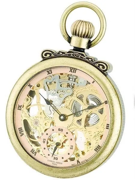 Charles-Hubert Mechanical Gold Tone Pocket Watch with Antiqued Case #3869G