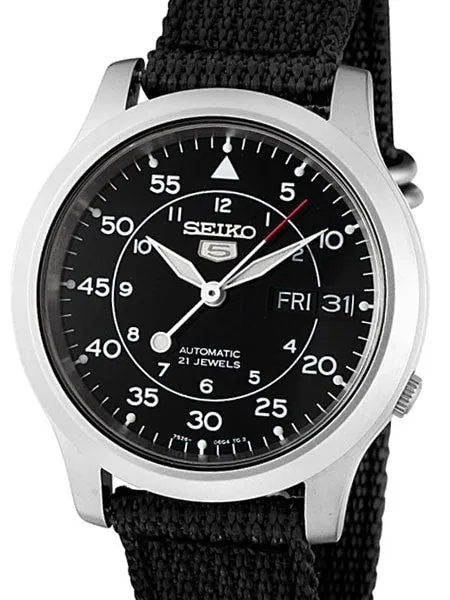 Scratch and Dent - Seiko 5 Military Black Dial Automatic Watch with Back Canvas Strap #SNK809K2