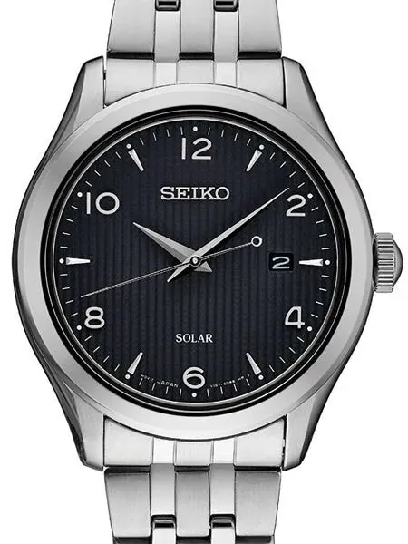 Seiko Solar Watch with 42mm Stainless Steel Case and Patterned Black Dial #SNE489