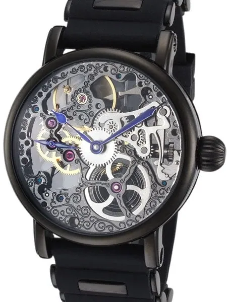 Rougois Tattoo Hand Wind Decorated Skeleton Movement Watch with Gun Metal Black IP Case #RS10003-BSB