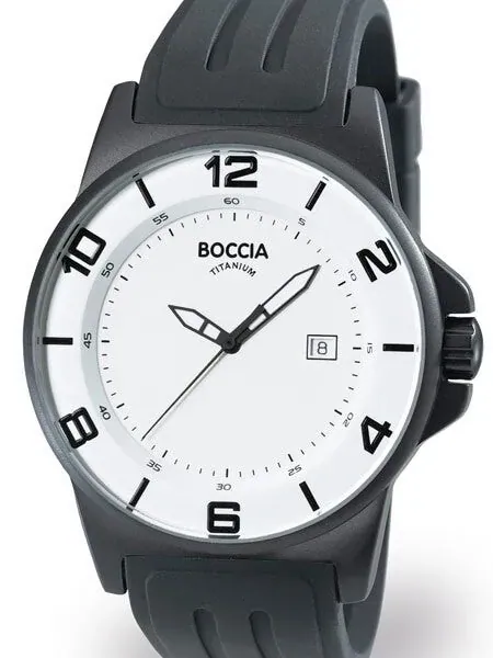 Boccia Mens White Dial Quartz Sport Watch with 45mm Black Titanium Case and Rubber Strap #3535-06