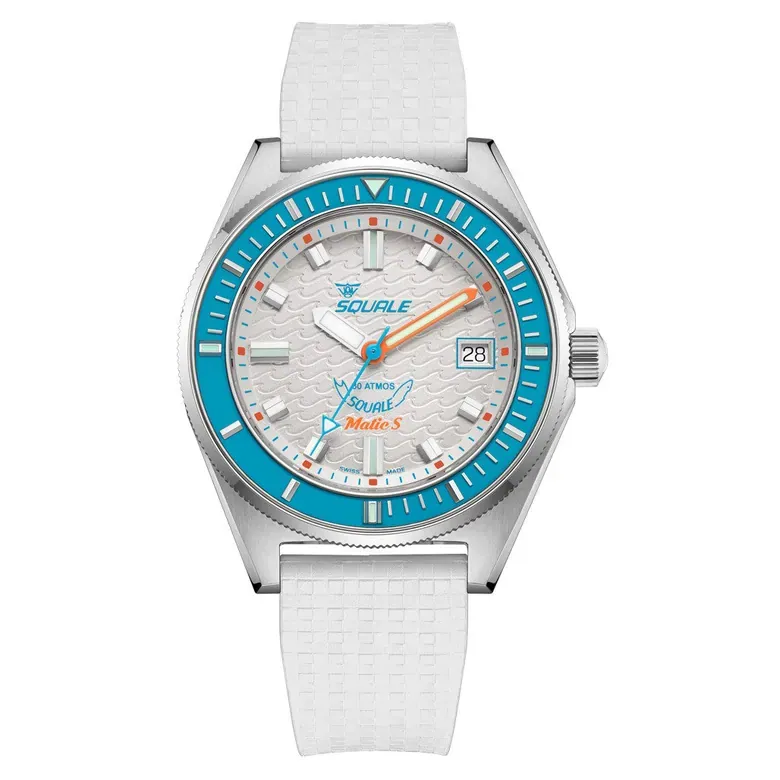 Squale Matic S White Dial Watch with Mosaic Rubber Strap #MATICLBWT.MRWT