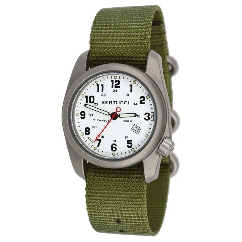 Bertucci A-2T White Dial Titanium Watch with Olive Nylon Strap #12121