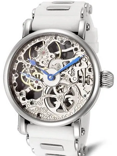 Rougois Hand Wind Decorated Skeleton Movement Watch on White Strap #RSSWSB