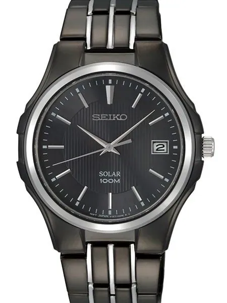 Seiko Solar Watch with 39mm Black Ion-Plated Stainless Steel Case and Bracelet #SNE125