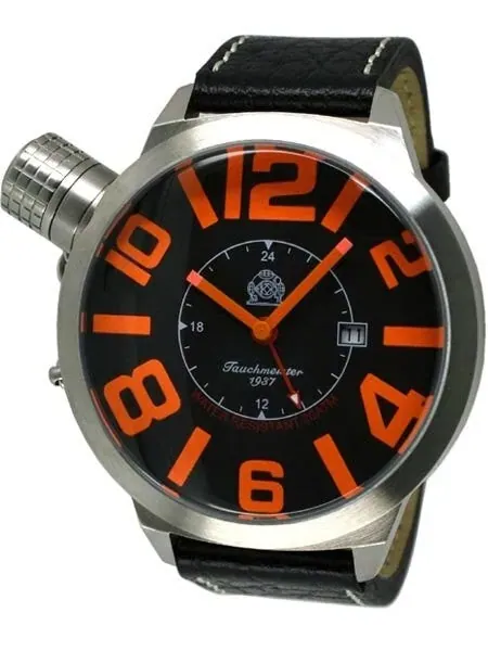 Tauchmeister T0175 Black XXL GMT Dive Watch with Orange Hands and Markers