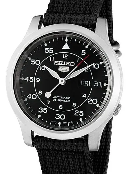 Scratch and Dent - Seiko 5 Military Black Dial Automatic Watch on Black Canvas Strap #SNK809K2