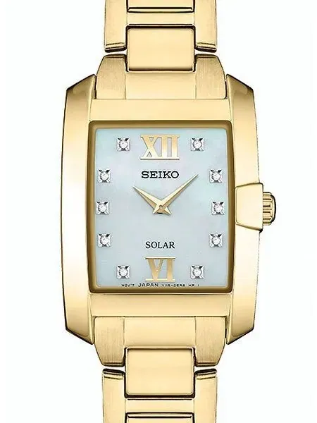 Seiko Women's Solar Dress Watch with 10 Diamond Hour Markers, Mother of Pearl Dial #SUP378