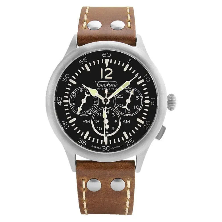 Techne 39.5mm Merlin Quartz TwinTime Watch with Riveted Chestnut Strap #296.042