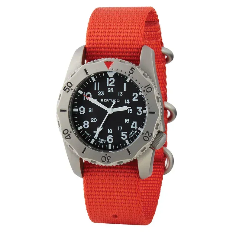 Bertucci A-2TR Field Pro Black Dial Watch with Orange Nylon Strap #12145