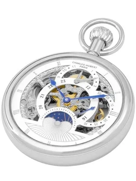 Charles-Hubert Mechanical Dual Time Pocket Watch with Sun-Moon Dial #3816W