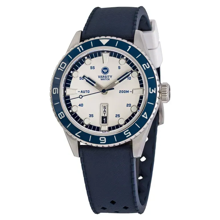Varsity Automatic Watch with White Dial and Blue Accents #VW-01