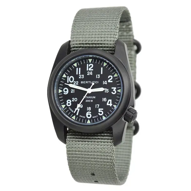 Bertucci A-2T Vintage Black Titanium Watch with Olive Drab Nylon Strap #12028