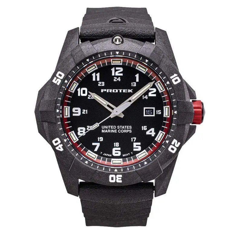 Protek Carbon Composite Official USMC Tritium Dive Watch with Red Accents #PT1012-USMC