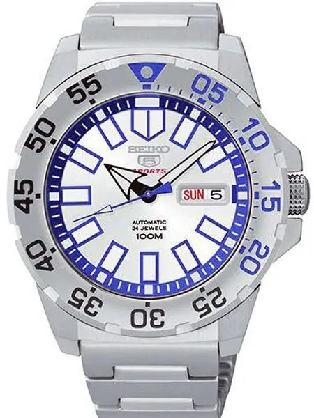 Scratch and Dent - Seiko 43mm Sports 5 Automatic 24-Jewel Watch with Silver Dial and Blue Accents #SRP481K1