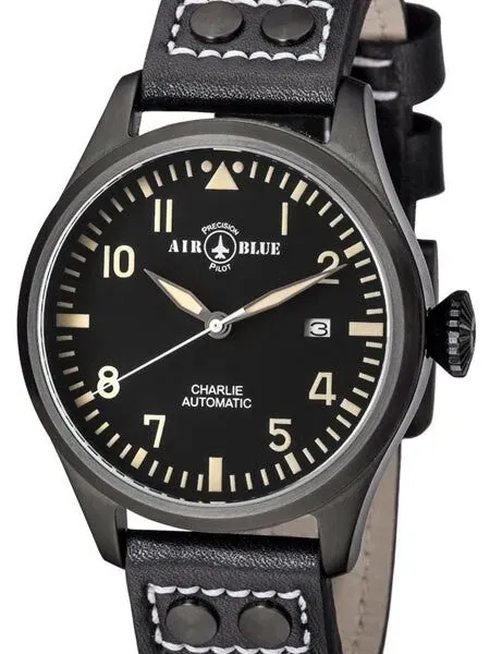 Air Blue Charlie Automatic Pilot Watch with 44mm PVD Case, Sapphire Crystal #CHARLIEAUTOPVDBLKTAN