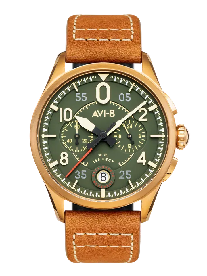AVI-8 Spitfire Lock Chronograph, Bronze Green, Japanese Meca-Quartz Chronograph, Green Dial, Leather Strap #AV-4089-02